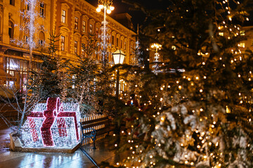 Christmas market at night in Zagreb. Part of Advent in Zagreb, most beautiful Christmas market in Europe.  Christmas decorations. 