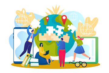 Virtual teamwork, business team puzzle concept, vector illustration. Man woman people character cooperation and communication