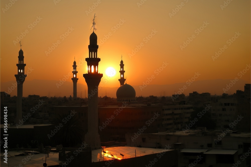 Poster a sunset view of a city with a mosque in the foreground and a building in the background with a sun 