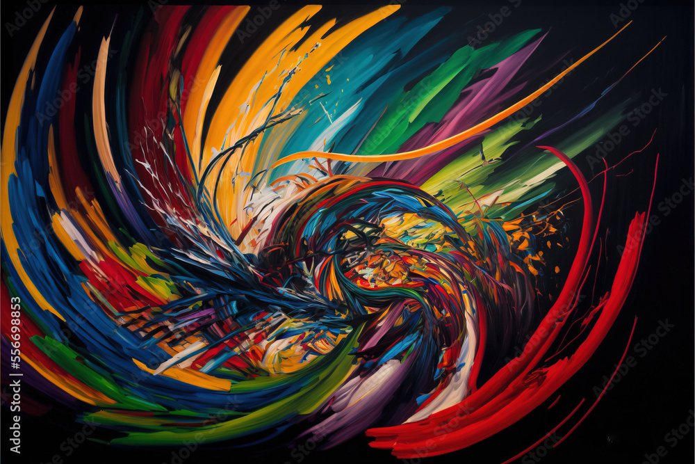 Poster a painting of a colorful swirl of paint on a black background with a black background and a black ba