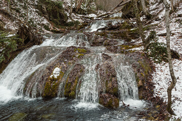 Cascades of Djur-Djur waterfall on Ulu-Uzen river in early spring. Khapkhalskiy canyon in Crimea