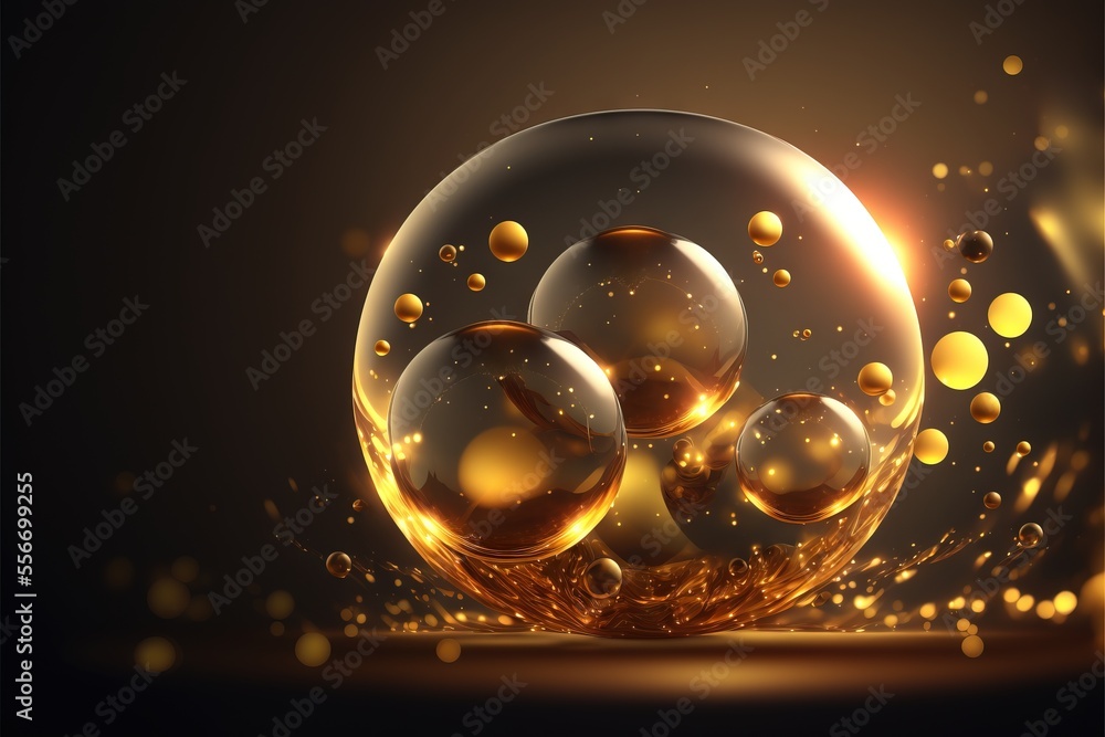 Poster a shiny sphere with bubbles and gold dust on a black background with a light reflection in the middl