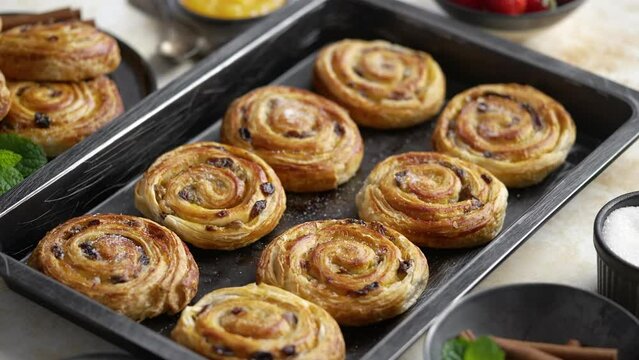 Swedish homemade puff pastry cinnamon rolls with raisins placed on oven iron tray