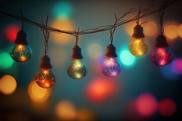 illustration abstract background of glitter glow fairy lights, string lights with bokeh	
