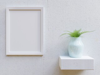 Blank poster frame glued to white wall beside wall hanging shelf, mockup, 3d render