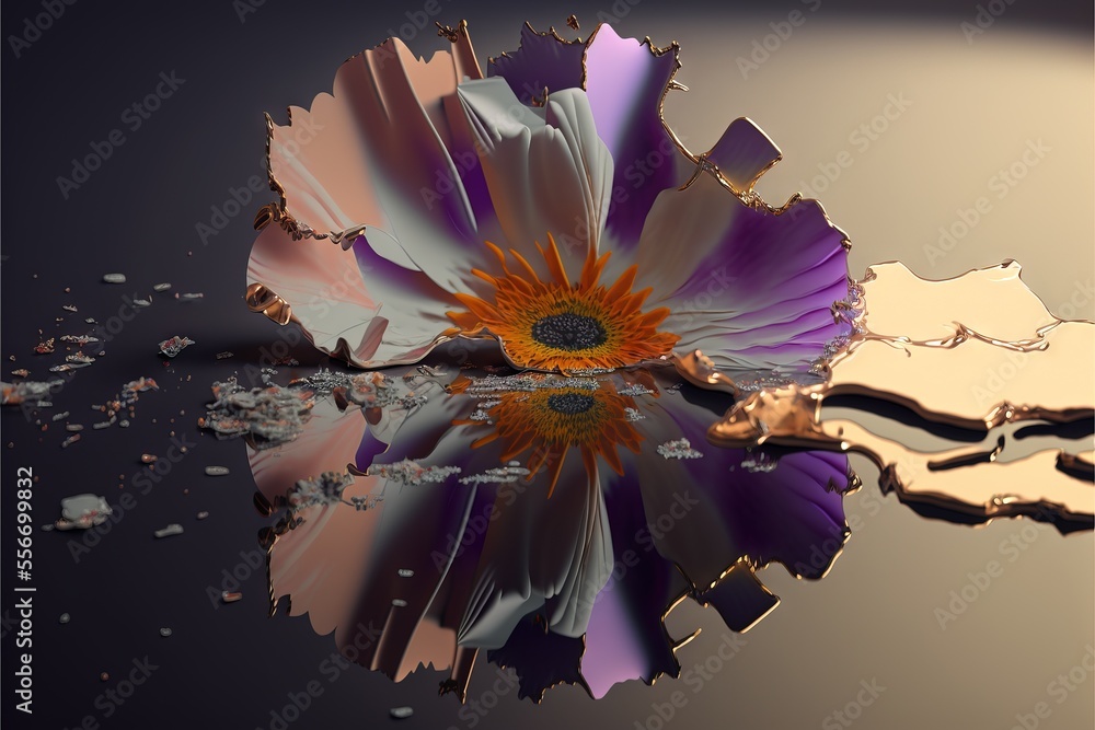 Poster a flower is reflected in the water on a reflective surface with a reflection of itself on the surfac