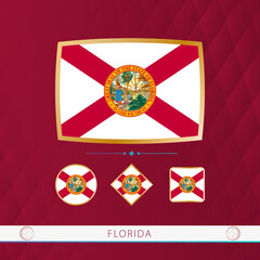 Set of Florida flags with gold frame for use at sporting events on a burgundy abstract background.