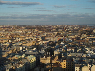 View of the sea of houses in the Latvian capital Riga from the sky bar of the Radisson Blue hotel