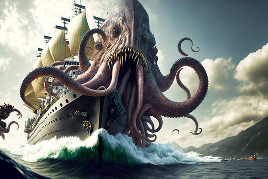 Fight Of Huge Monster Octopus Sea With Large Ship On High Seas