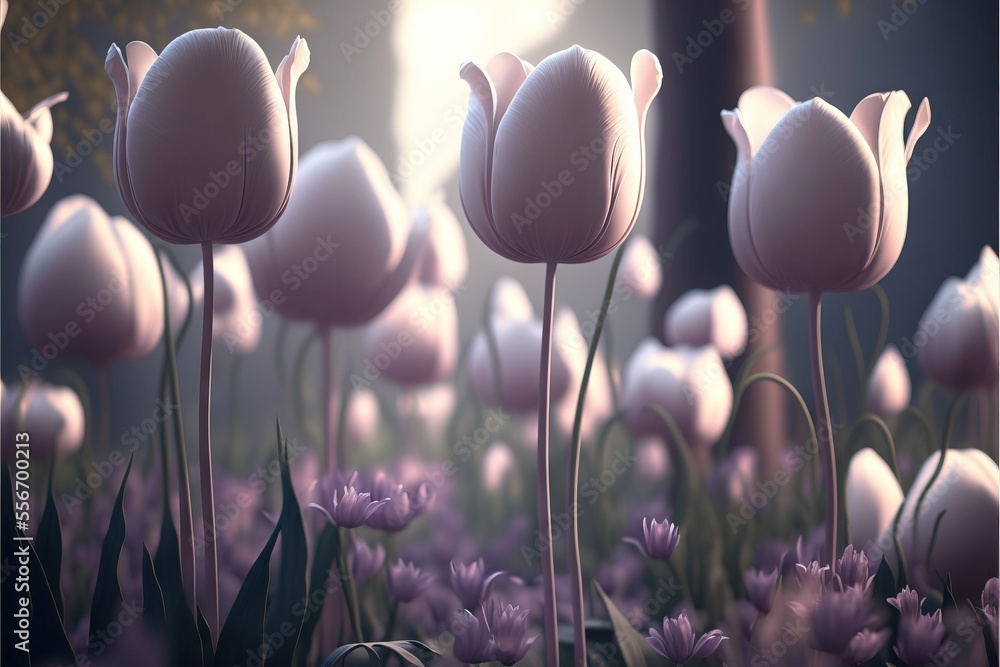 Poster a bunch of flowers that are in the grass with a light shining on them and a building in the backgrou