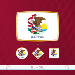 Set of Illinois flags with gold frame for use at sporting events on a burgundy abstract background.