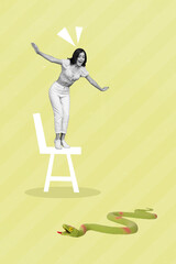 Exclusive magazine picture sketch collage image of funky funny lady standing chair scaring snake isolated painting background