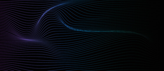 Abstract dotted wave line particles of bright green blue purple design element on dark black background. Modern technology futuristic concept. Vector illustration