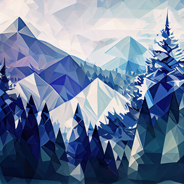 Cubistic winter landscape in blue colors with mountains and forest - generative ai