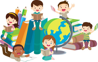 back to school with kids reading book education happy children concept