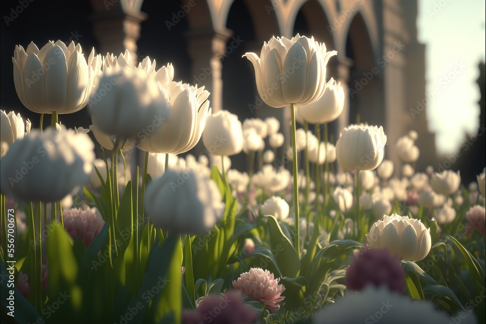 Aufkleber a bunch of white flowers in a field with a building in the background and a sky background with a fe
