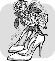 Beautiful vector composition. High heels shoes decorated with rose flowers. Wedding style invitation, fashion poster, postcard print, shoe shop logo design, shopping sale promotion. Hand drawing.