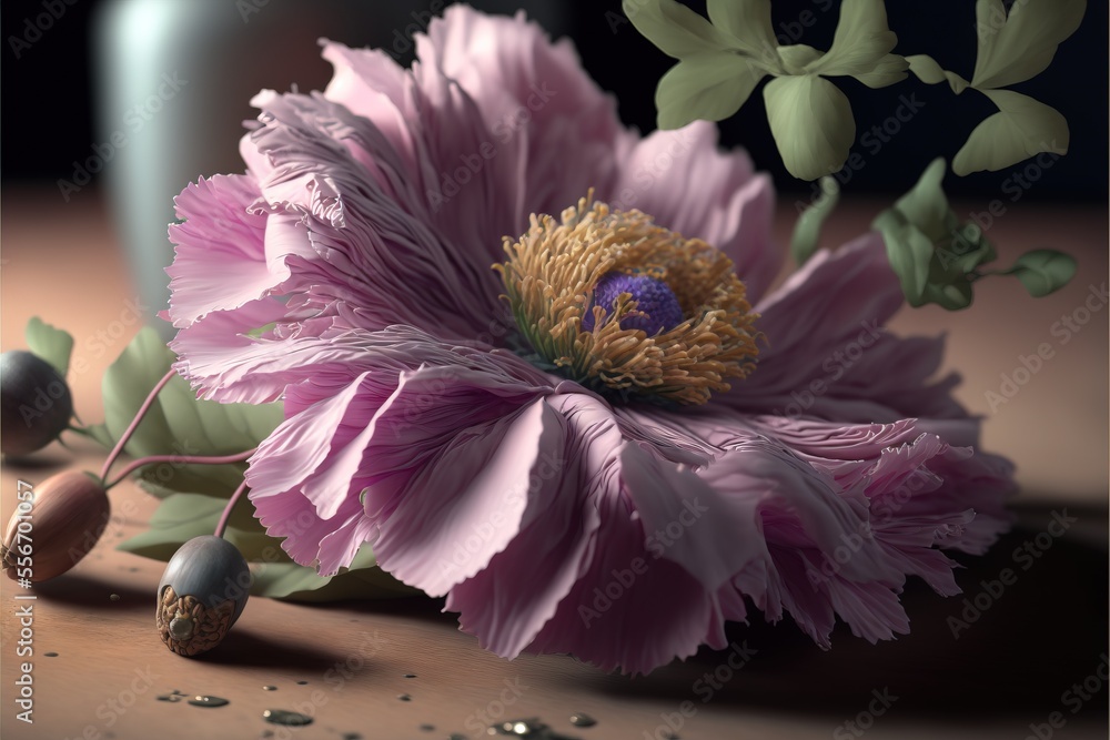Poster a pink flower with a bud and some leaves on a table with a vase in the background and a few other fl