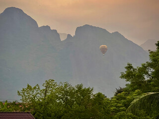 hot air ballon over the mountains of Vang Vieng, Laos