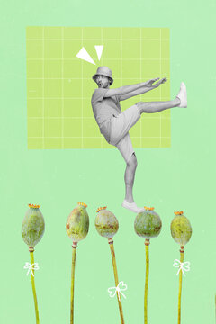 Creative 3d photo collage artwork graphics painting of funny funky guy dancing poppies isolated drawing background