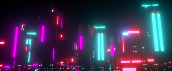Fototapeta na wymiar Night city lights. Neon urban future. Futuristic city in a cyberpunk style. Photorealistic 3D illustration. Futuristic skyscrapers with huge luminous billboards. 