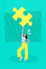 Collage 3d image of pinup pop retro sketch of happy smiling lady rising jigsaw element isolated painting background
