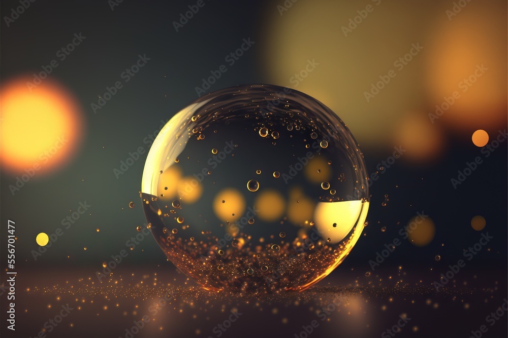 Poster a glass ball with bubbles floating in it on a table with a blurry background of lights and a dark ba