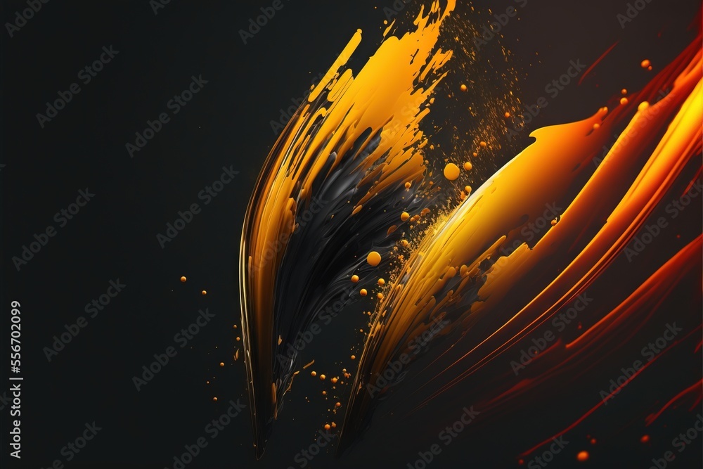 Poster a black and orange abstract background with a splash of paint on it's side and a black background wi
