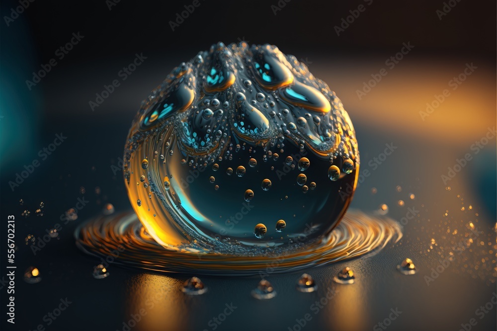 Poster a drop of water that is on a table top with drops of water on it and a black background., generative