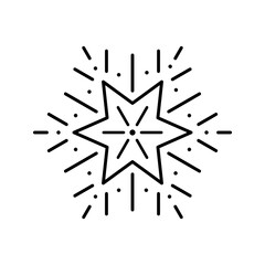 Isolated vector Star Icon on white background. The black outline of star and rays. Christmas winter sign. Modern design for decorations, creatives, greeting cards, packaging design, banners, and web.
