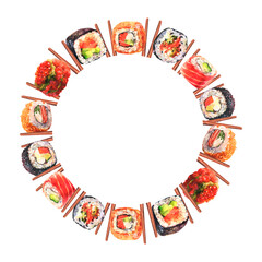 Round frame with watercolor japanese food. Hand drawn illustration of sushi, maki, rolls. Background for menu.