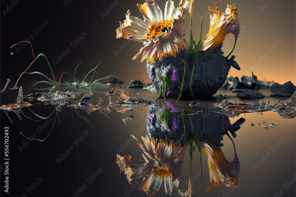Aufkleber a vase with flowers sitting on a table with water reflection on the surface of the table and a refle