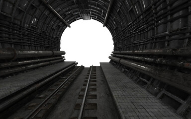 empty underground subway tunnel on white background