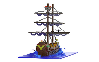 voxel boat made in cubes in water on a white background
