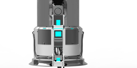 cryogenic capsule science fiction silver with blue lights on white background