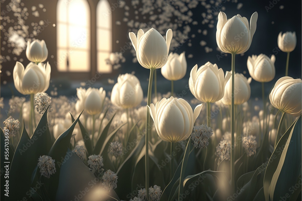 Poster a bunch of white flowers in a field with a church in the background with snow falling on them and a 