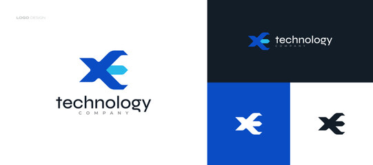 Obraz na płótnie Canvas Abstract and Modern Initial Letter X and E Logo Design. XE or EX Logo in Blue Color Combination for Business and Technology Brand Identity