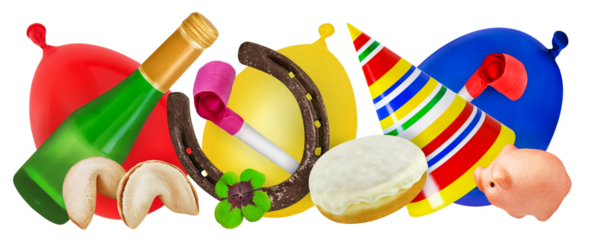 Bunte Party Dekoration und Glücksbringer     Hintergrund transparent PNG cut out