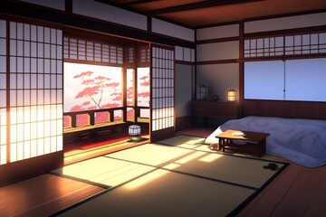 Japanese anime style bedroom with a balcony and yukimi shoji windows, pink blossom trees outside with sunlight, generative ai