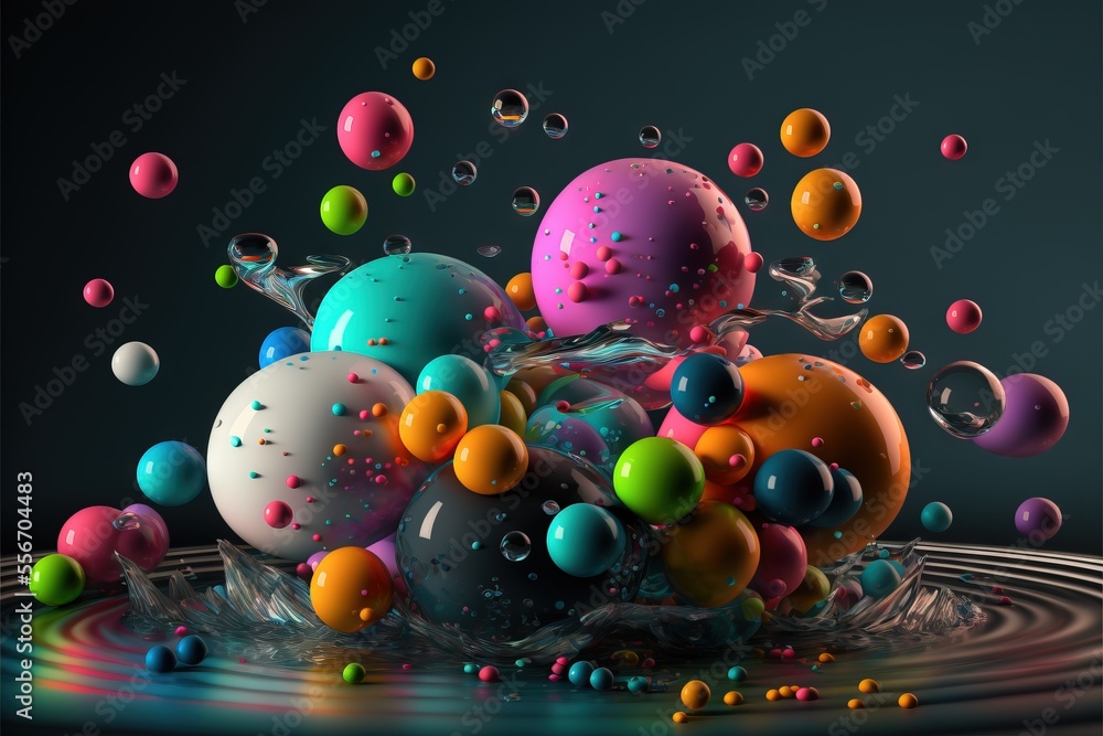 Poster a bunch of balls are floating in a pool of water with bubbles and sprinkles on the surface., generat