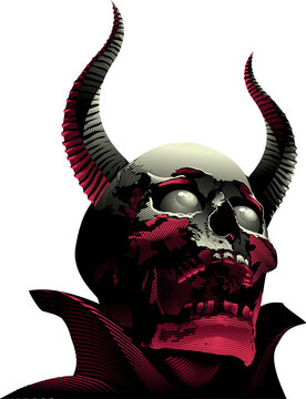 Devil skull vector image, Demon face on church background,  horns