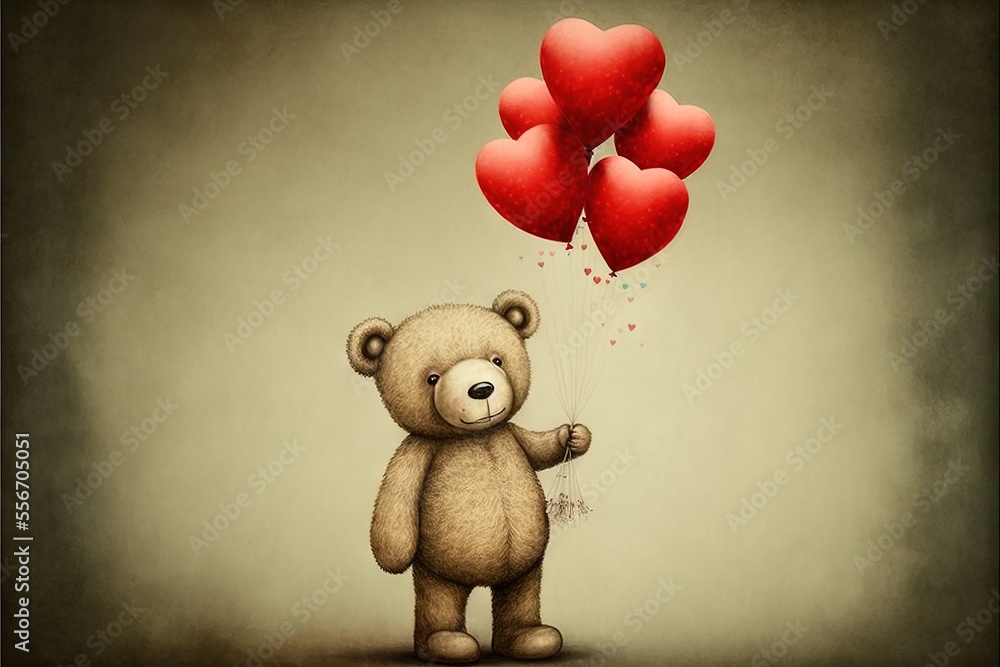 Poster a teddy bear holding two red heart balloons in the air with a string of hearts attached to it's stri