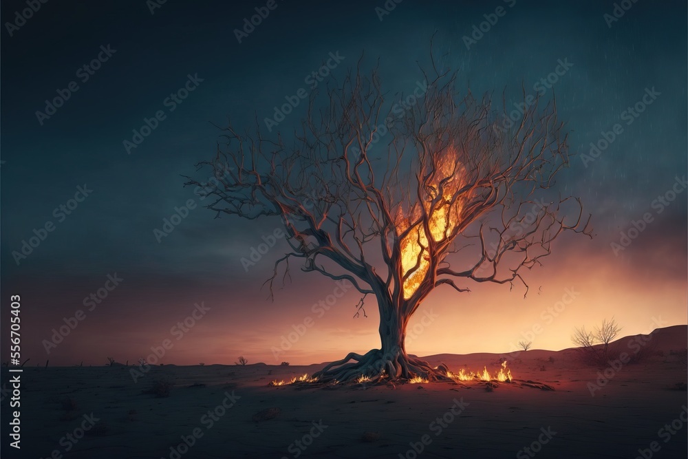 Poster a tree with a lot of branches and a fire in the middle of it at night time with a sky background., g