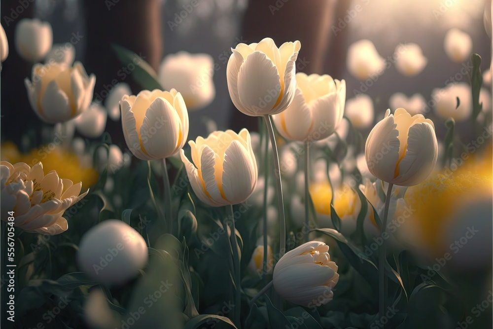 Poster a bunch of white flowers in a field with trees in the background and sunlight shining through the le