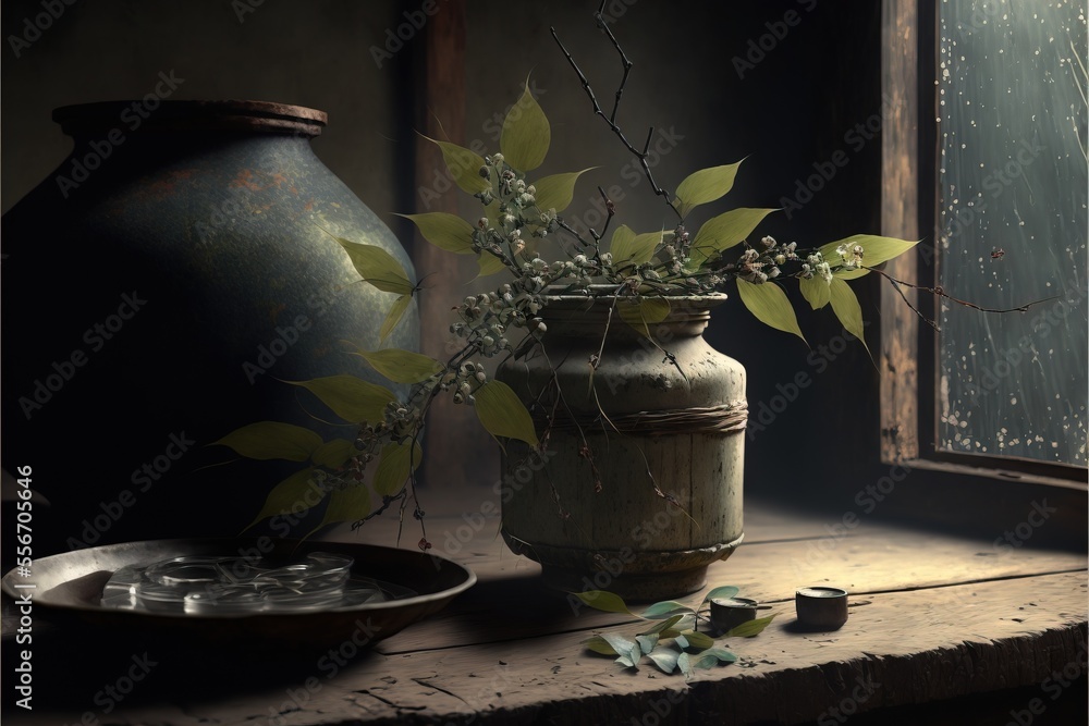 Poster a vase with a plant in it sitting on a window sill next to a plate and a candle., generative ai
