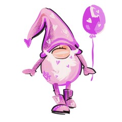 Pink Dwarf with balloon. Valentines day, birthday, Holiday template.