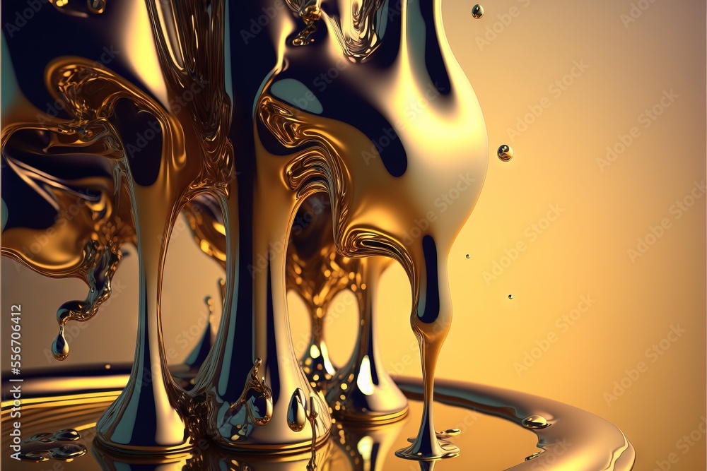 Poster a liquid filled with gold and silver liquid on a table top with a yellow background and a drop of wa