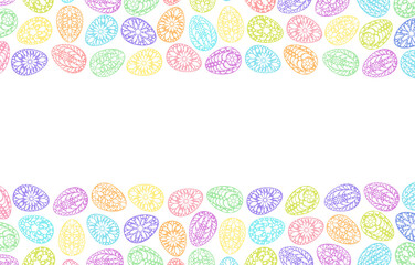 Easter eggs background. Color painted egg. Paper cut style. Easter symbol. Egg border, banner, frame. Color gingerbread cookies. Egg hunt vector illustration. Happy Easter day backdrop. 