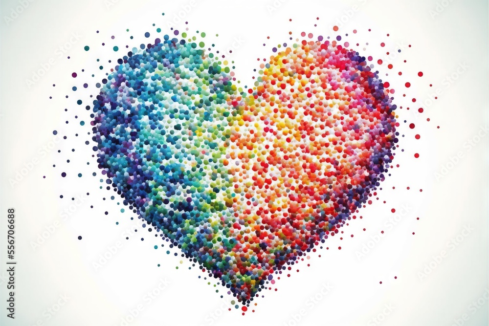 Poster a heart made of small dots on a white background with a blue sky in the background and a white sky i
