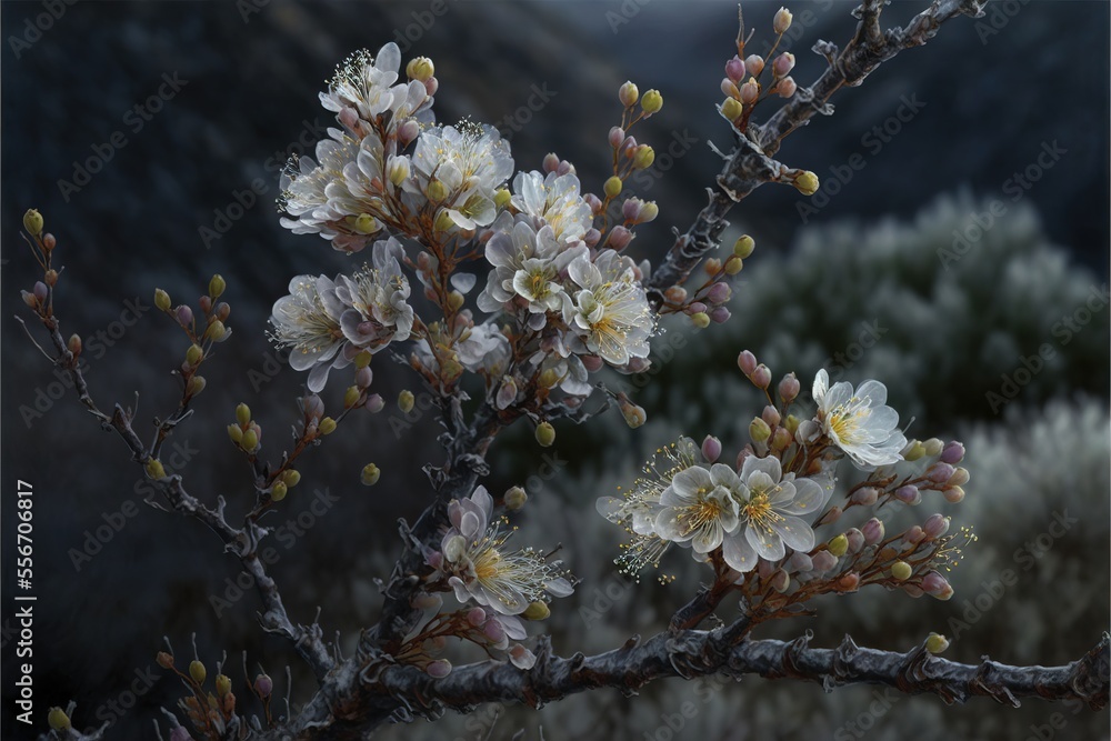 Poster a branch with white flowers in front of a mountain range with snow on it and a dark sky in the backg